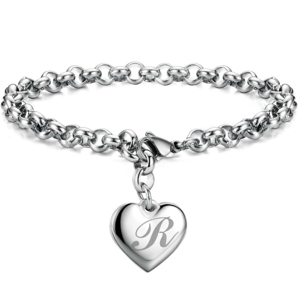 ❤️Letter R Silver Heart Initial Charm Bracelet